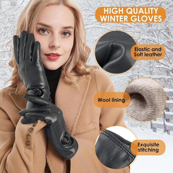 Women's Winter Leather Gloves Texting Warm Driving Lambskin Gloves Grey - Picture 2 of 7